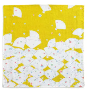 ミニガーゼハンカチ | ミニ扇柄 | 菜の花色 / 紺 / 萌黄色 / つつじ色 | 二重ガーゼ 綿100% | 京都 都もだん 都もだん