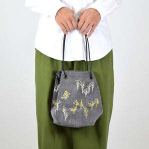 【バケットバッグ】森のバケットバッグ  コットン帆布 革ひも 刺繍ステッチ グレー  salvia
