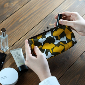 【がま口】横型 小 ウォレットポーチ 手染め帆布 綿100%京都職人仕上げ 銀杏柄 幸せの文様 Fuwa Market オリジナル