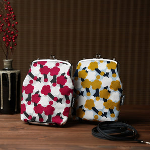 【がま口】縦型 大 スマホショルダー 手染め帆布 京都職人仕上げ 梅柄 Fuwa Market オリジナル