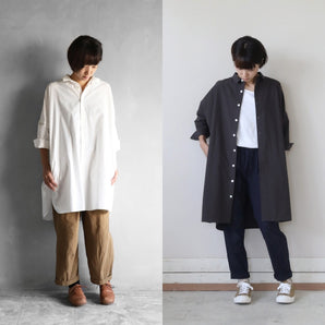 【シャツ】やわらかコットンロングシャツ ダークグレー ホワイト フリーサイズ HUIS.